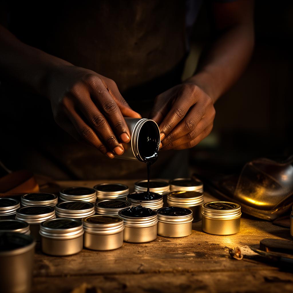 Hands pouring shoe polish into small tins on a wooden workbench
